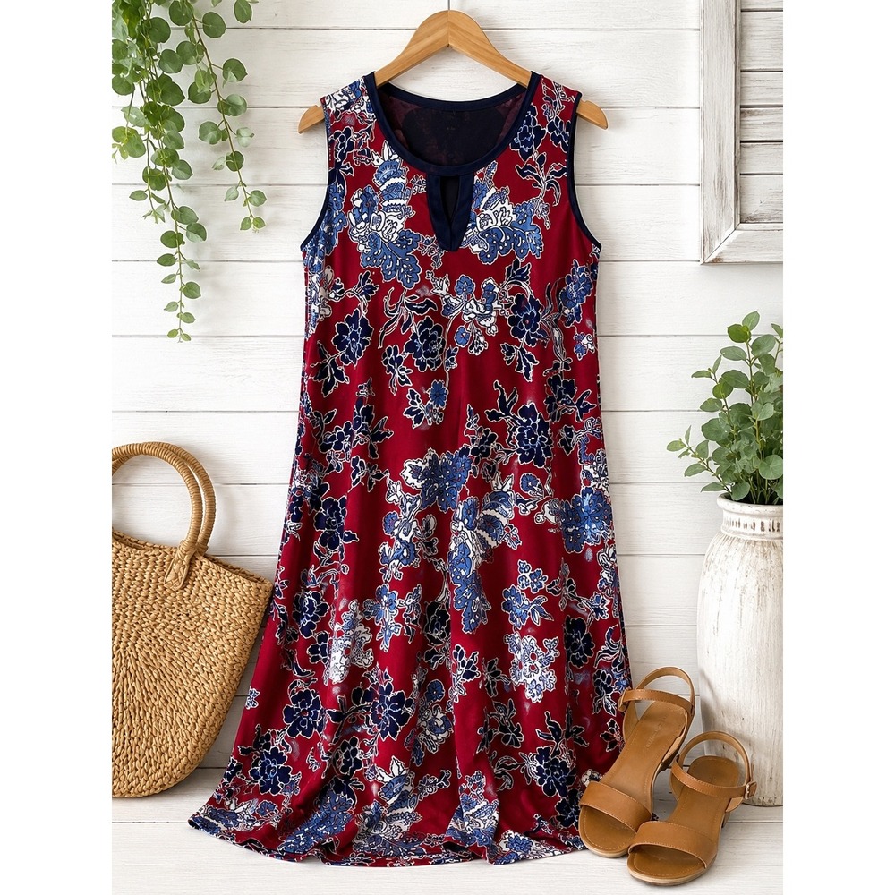 Espresso Red Blue Floral Midi Swing Dress Large Sleeveless A-Line Casual
